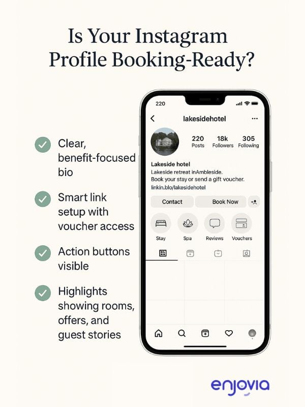 Instagram profile mockup for a hotel showing booking-ready setup with smart links, highlights, and action buttons.