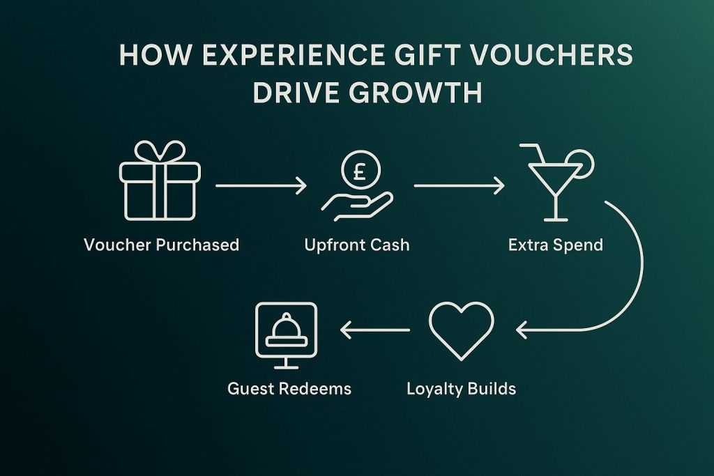 Infographic showing how experience gift vouchers drive growth, from purchase to upfront cash, redemption, extra spend, and guest loyalty.