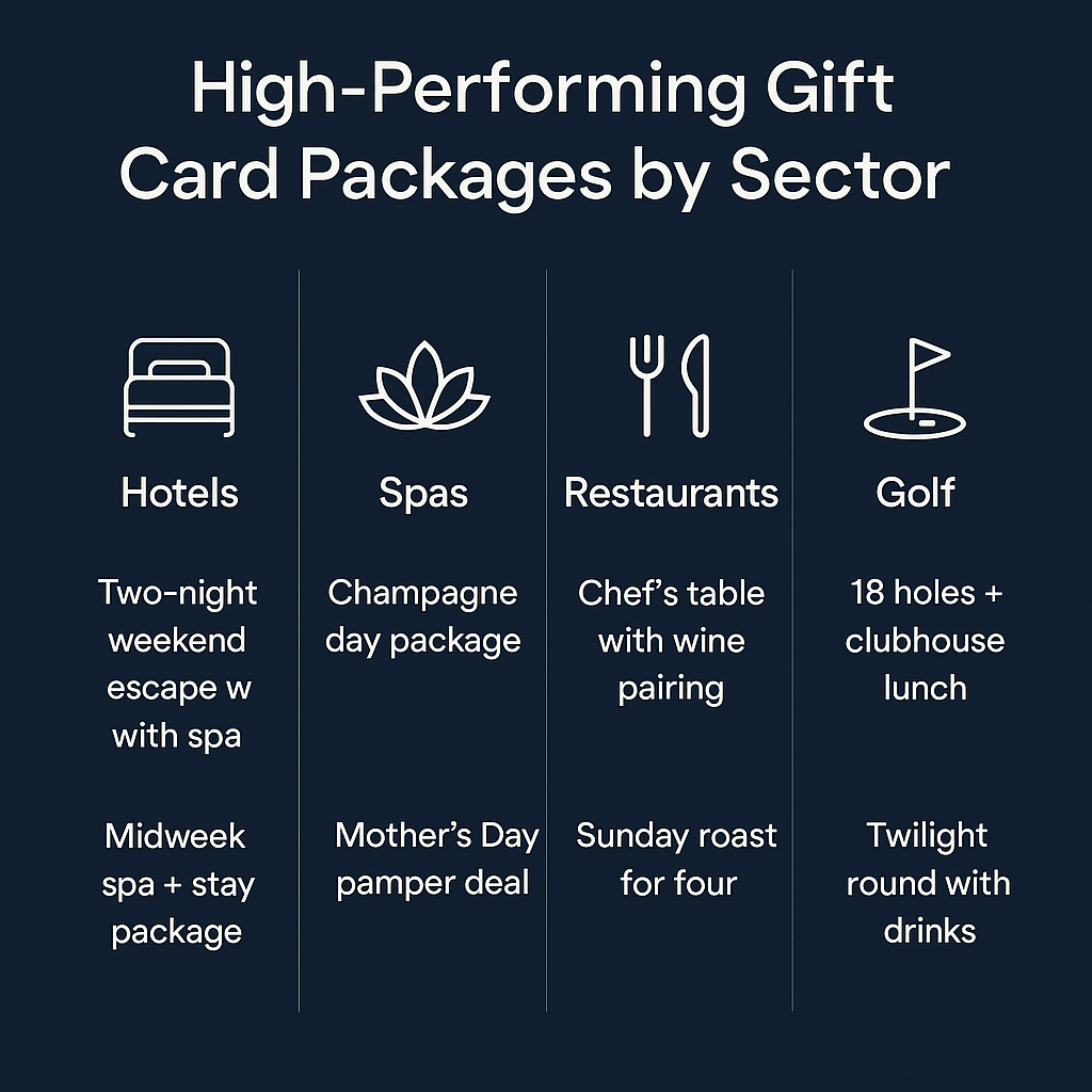 Grid showing high-performing gift card package ideas for hotels, spas, restaurants, and golf clubs