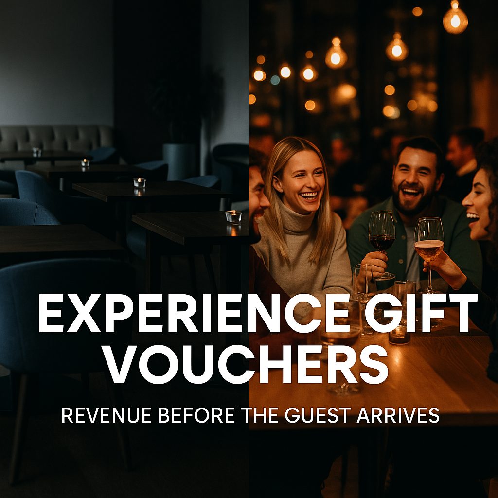 Split-screen image showing an empty restaurant compared with a lively group dining, highlighting the impact of experience gift vouchers.