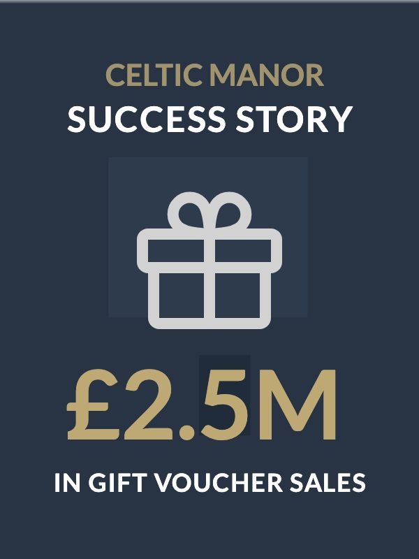 Graphic showing Celtic Manor success story with £2.5M in gift voucher sales.