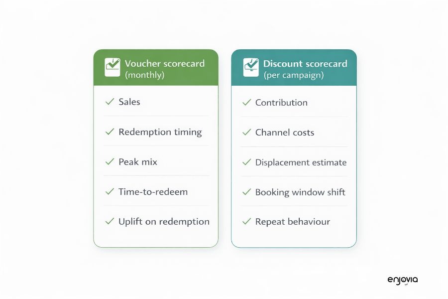 Scorecards showing what to measure for gift vouchers vs discounts in UK independent hotels